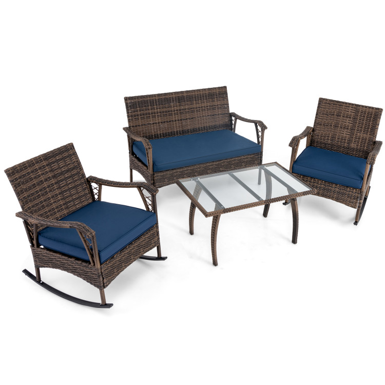 4 Pieces Wicker Rocking Set with Bungee Rope Seat