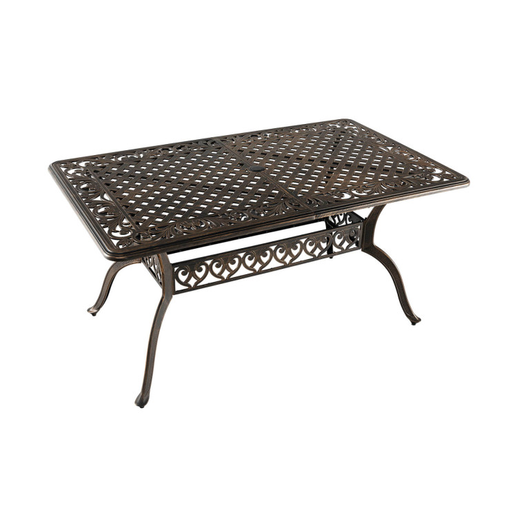 59 Inch Aluminum Patio Dining Table with Umbrella Hole fot 6 Persons