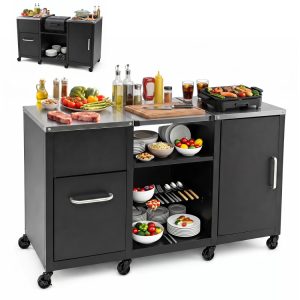 59" Outdoor Grill Table with 2 Removable Shelves and Stainless Steel Top