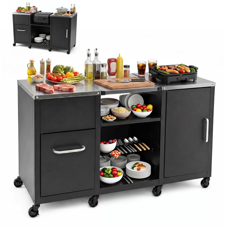 59" Outdoor Grill Table with 2 Removable Shelves and Stainless Steel Top