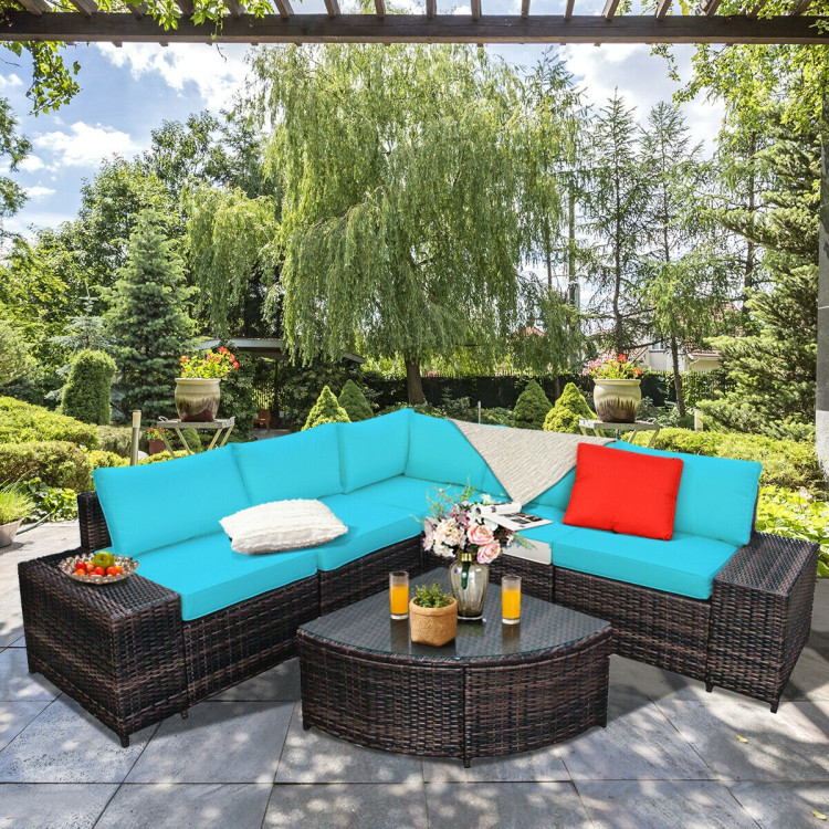6 Piece Wicker Patio Sectional Sofa Set with Tempered Glass Coffee Table - Image 2