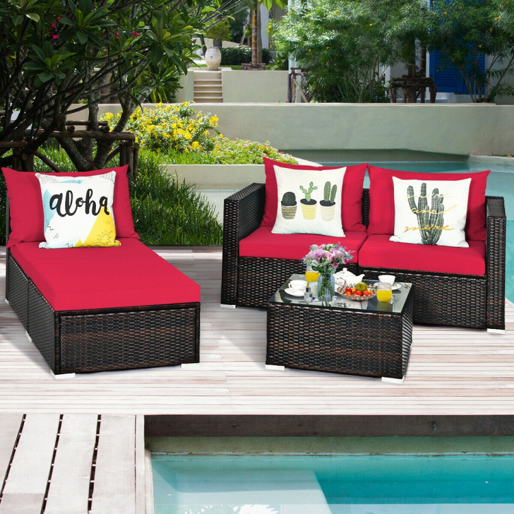 5 Pieces Patio Rattan Sectional Furniture Set with Cushions and Coffee Table - Image 6