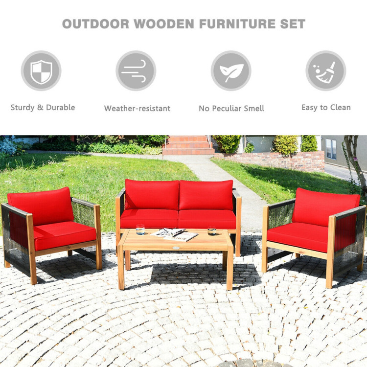 4 Pieces Acacia Wood Sofa Set with Cushions for Outdoor Patio - Image 9