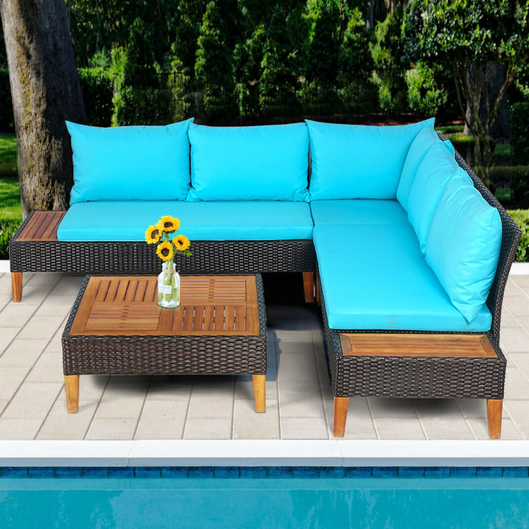 4 Pieces Patio Cushioned Rattan Furniture Set with Wooden Side Table - Image 7
