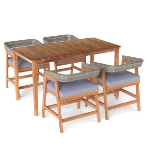 5 Piece Patio Dining Set Solid Wood with Rattan Backrest and Cushions
