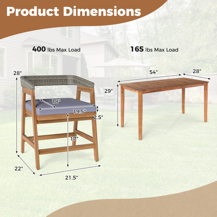 5 Piece Patio Dining Set Solid Wood with Rattan Backrest and Cushions - Image 5