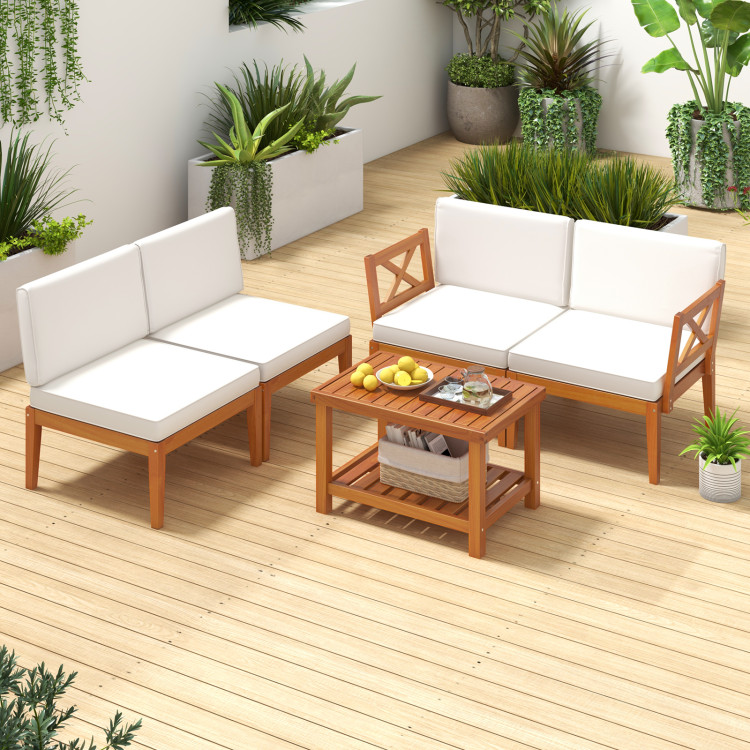 5 Pieces Acacia Wood Patio Furniture Set Outdoor Sectional Conversation Set with Cushions - Image 2