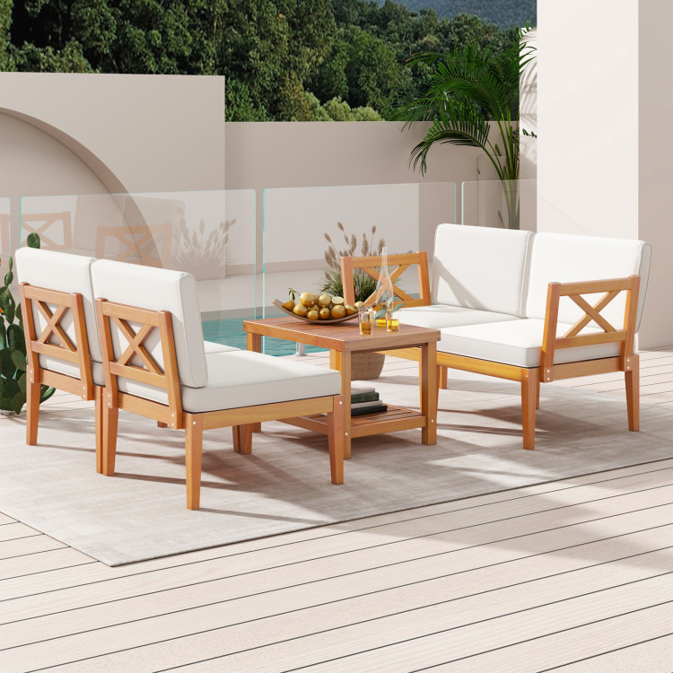 5 Pieces Acacia Wood Patio Furniture Set Outdoor Sectional Conversation Set with Cushions - Image 3