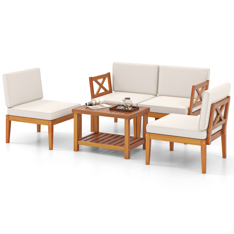5 Pieces Acacia Wood Patio Furniture Set Outdoor Sectional Conversation Set with Cushions
