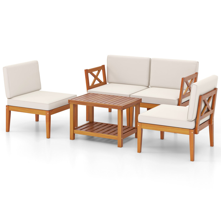 5 Pieces Acacia Wood Patio Furniture Set Outdoor Sectional Conversation Set with Cushions - Image 4