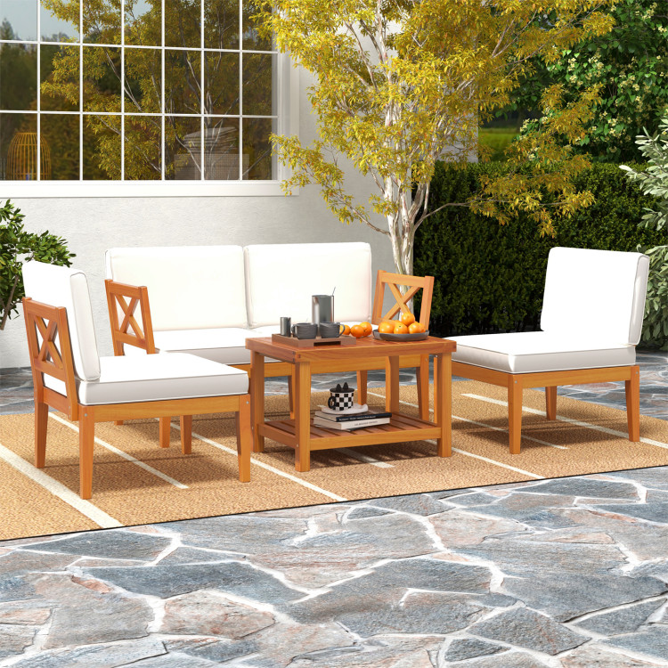 5 Pieces Acacia Wood Patio Furniture Set Outdoor Sectional Conversation Set with Cushions - Image 6