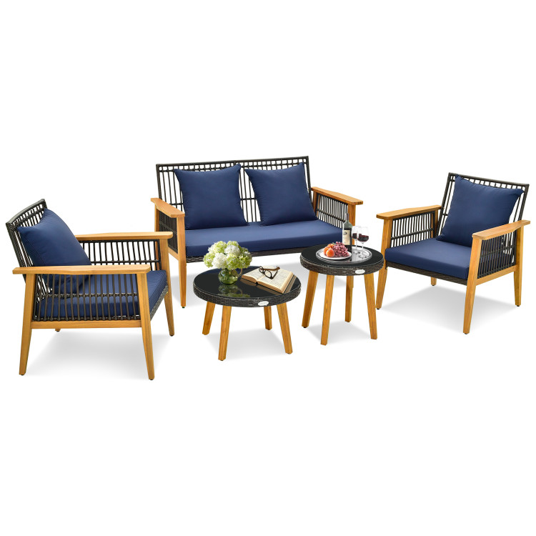 5 Piece Outdoor Conversation Set with 2 Coffee Tables for Backyard Poolside