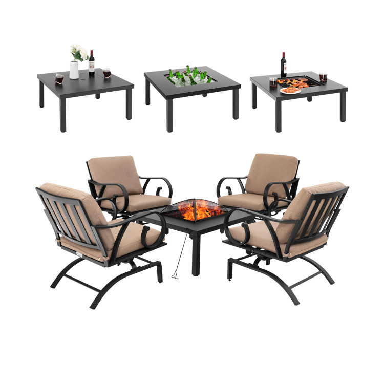5 Pieces Patio Rocking Chairs and 4-in-1 Fire Pit Table with Fire Poker - Image 4