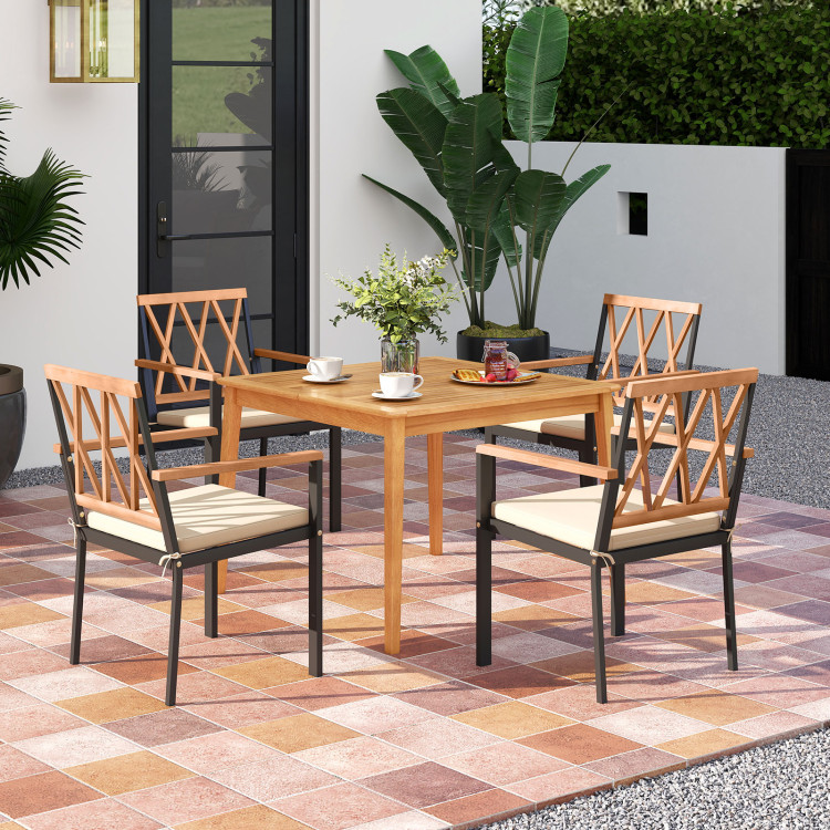 5 Piece Patio Acacia Wood Dining Set Solid Wooden Dining Furniture with Umbrella Hole - Image 2