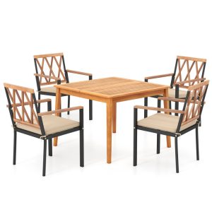 5 Piece Patio Acacia Wood Dining Set Solid Wooden Dining Furniture with Umbrella Hole