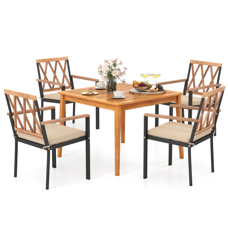 5 Piece Patio Acacia Wood Dining Set Solid Wooden Dining Furniture with Umbrella Hole - Image 4