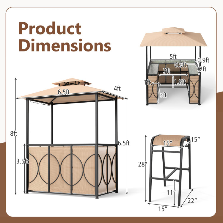 6.5 x 4 x 8 FT Grill Gazebo Set with 2 Bar Stools and Bar Table - Image 4
