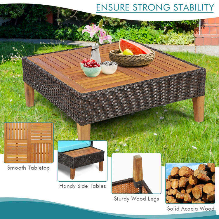 4 Pieces Patio Cushioned Rattan Furniture Set with Wooden Side Table - Image 5