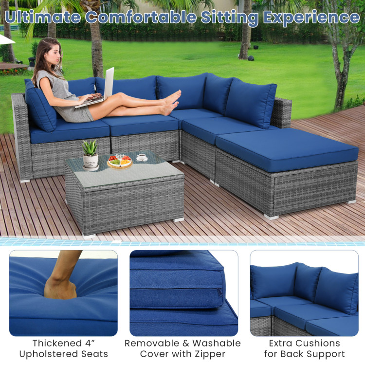 6 Pieces Outdoor Rattan Sofa Set with Seat and Back Cushions - Image 9