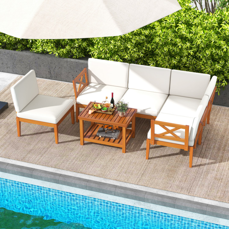 6 Pieces Acacia Wood Patio Furniture Set with Cushions and 2-Tier Coffee Table - Image 2