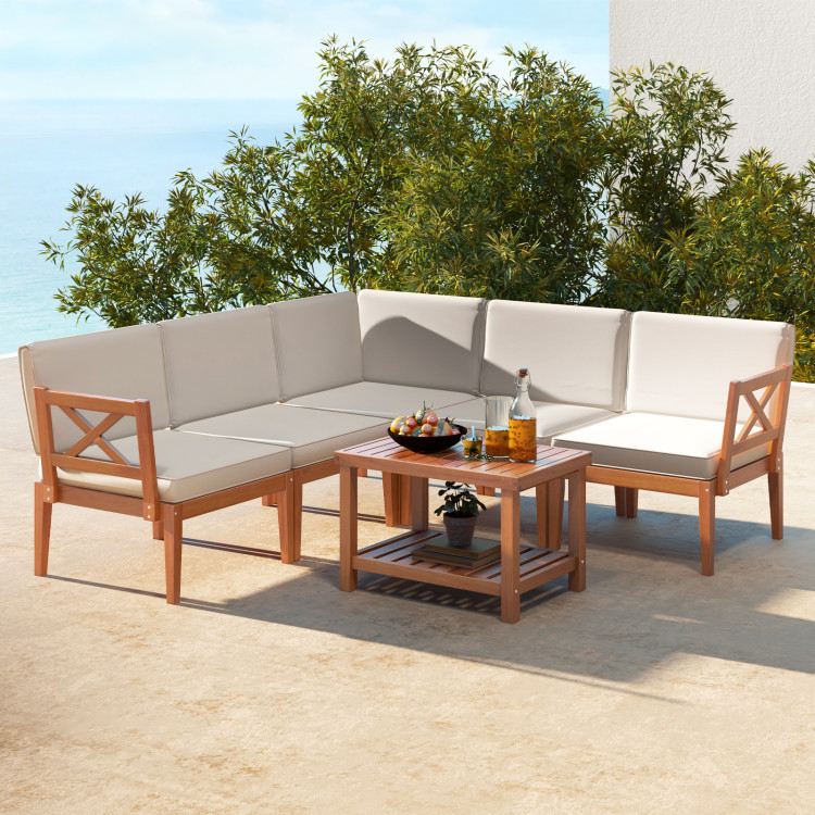 6 Pieces Acacia Wood Patio Furniture Set with Cushions and 2-Tier Coffee Table - Image 3