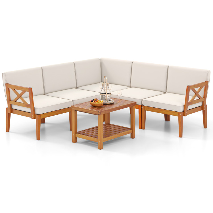 6 Pieces Acacia Wood Patio Furniture Set with Cushions and 2-Tier Coffee Table