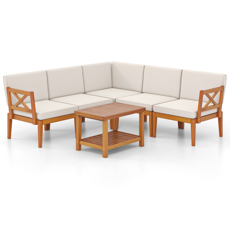 6 Pieces Acacia Wood Patio Furniture Set with Cushions and 2-Tier Coffee Table - Image 4