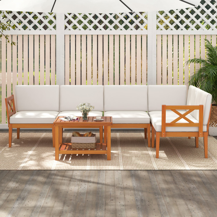 6 Pieces Acacia Wood Patio Furniture Set with Cushions and 2-Tier Coffee Table - Image 6