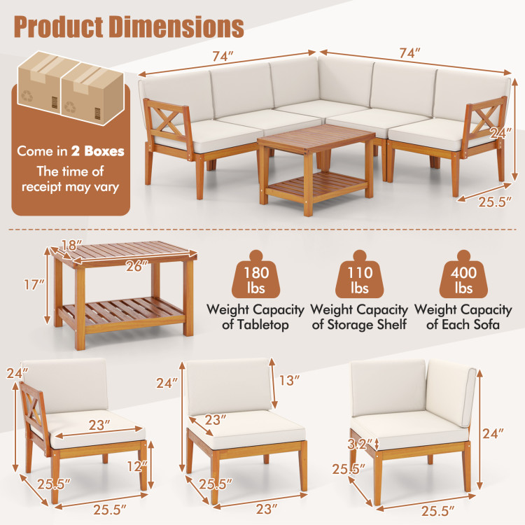 6 Pieces Acacia Wood Patio Furniture Set with Cushions and 2-Tier Coffee Table - Image 5
