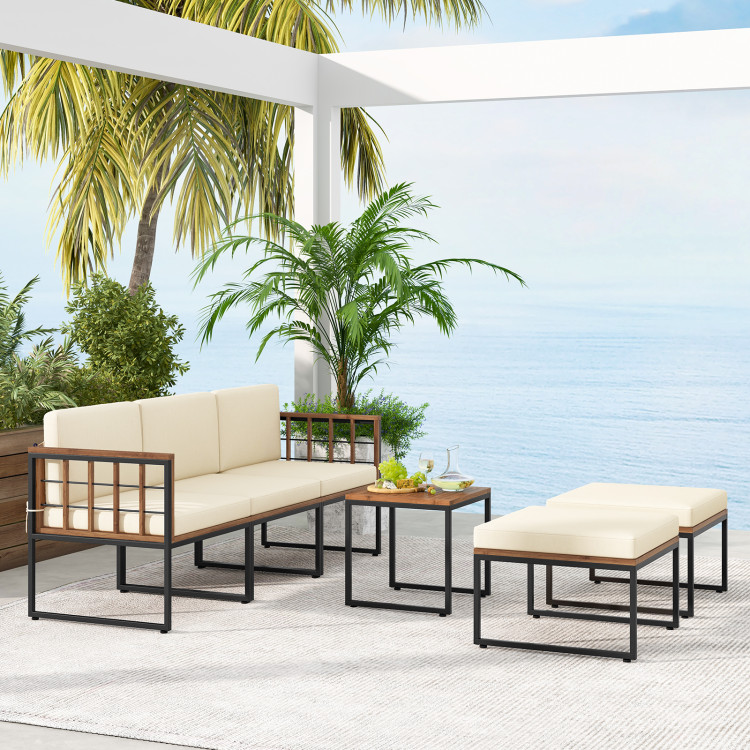 6 Pieces Acacia Wood Patio Furniture Set with Coffee Table and Ottomans - Image 2