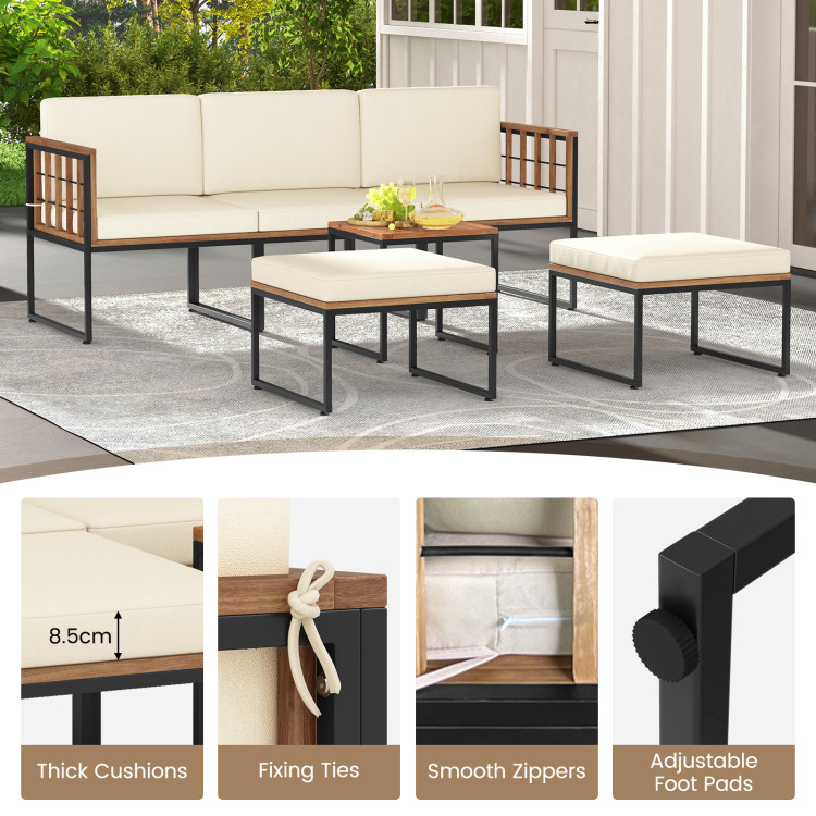 6 Pieces Acacia Wood Patio Furniture Set with Coffee Table and Ottomans - Image 10