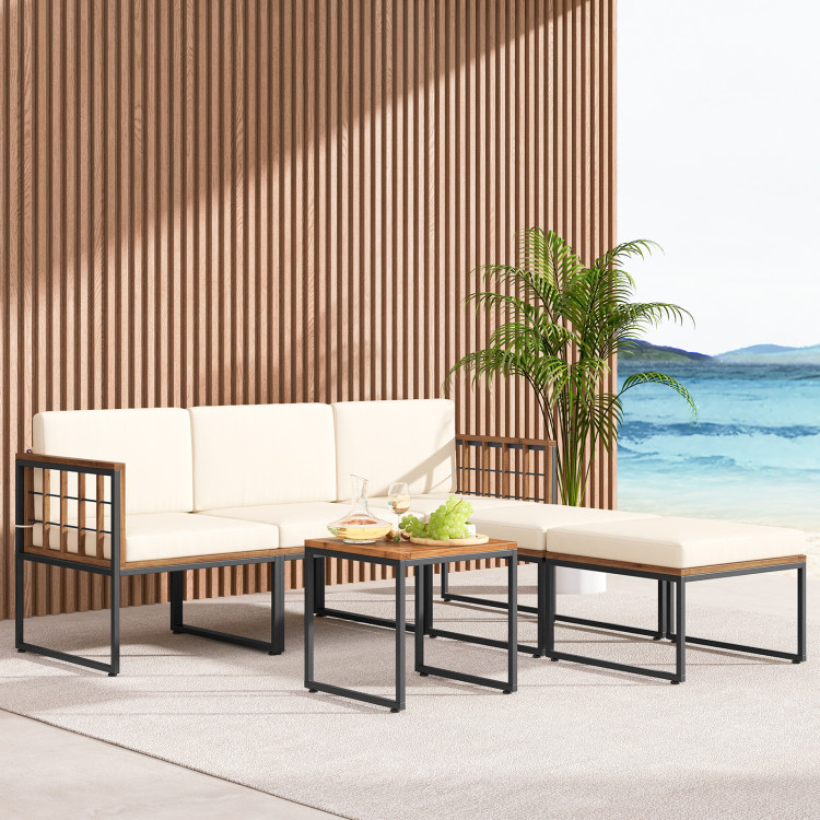 6 Pieces Acacia Wood Patio Furniture Set with Coffee Table and Ottomans - Image 3