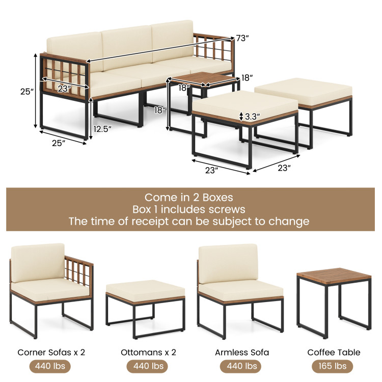 6 Pieces Acacia Wood Patio Furniture Set with Coffee Table and Ottomans - Image 5