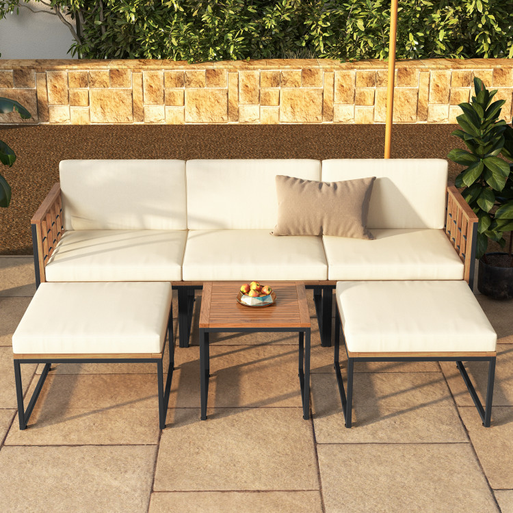6 Pieces Acacia Wood Patio Furniture Set with Coffee Table and Ottomans - Image 6