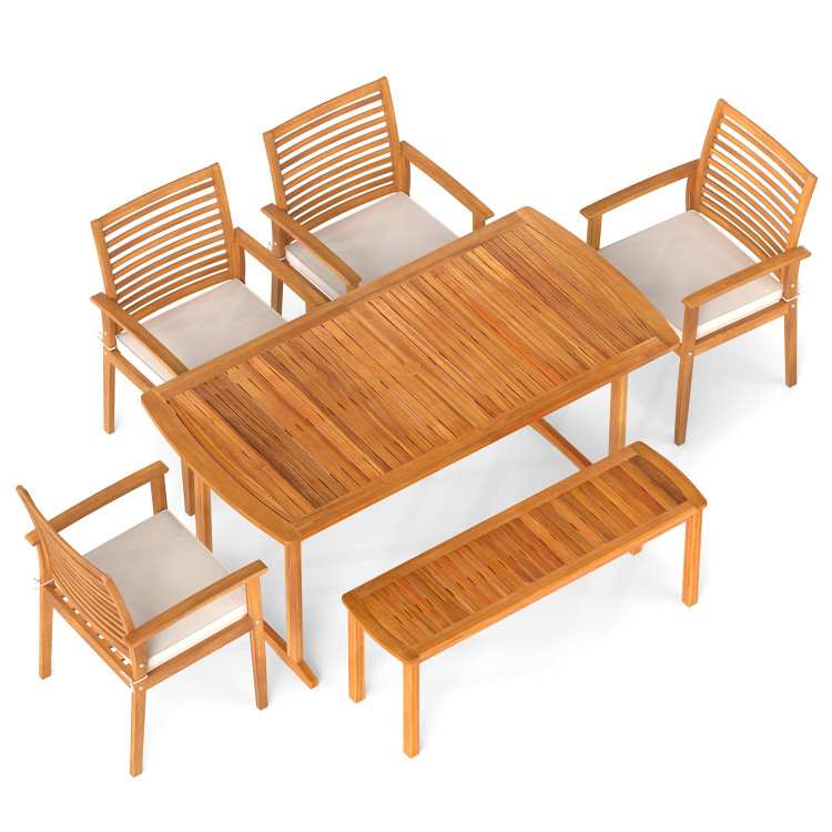 6 Pieces Outdoor Acacia Wood Dining Set with Umbrella Hole