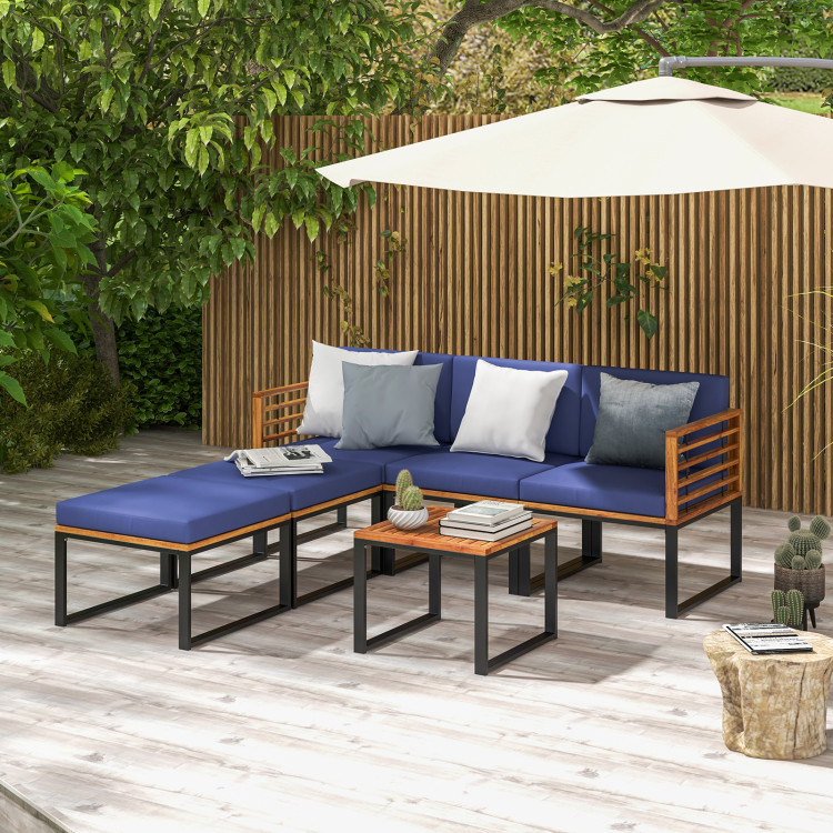 6 Piece Patio Acacia Wood Conversation Sofa Set with Ottomans and Coffee Table - Image 2