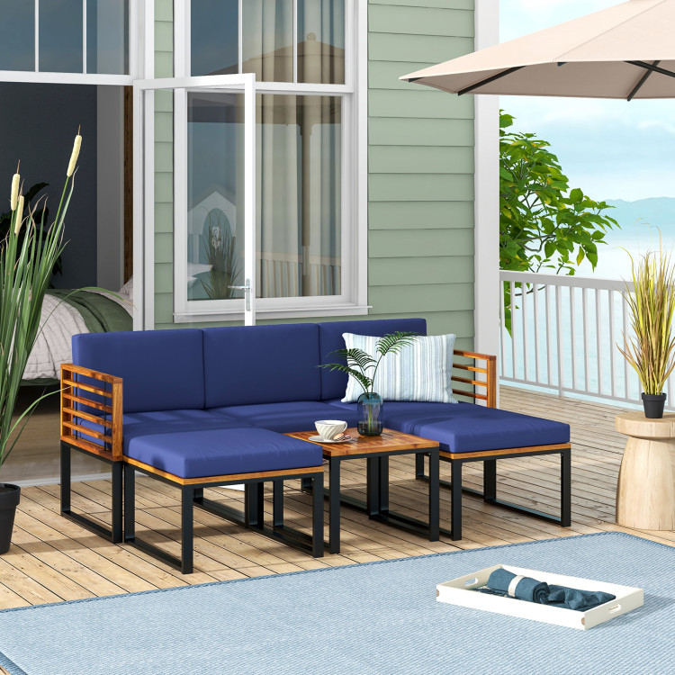 6 Piece Patio Acacia Wood Conversation Sofa Set with Ottomans and Coffee Table - Image 3