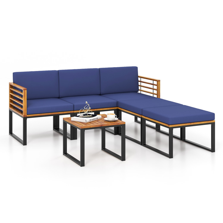 6 Piece Patio Acacia Wood Conversation Sofa Set with Ottomans and Coffee Table