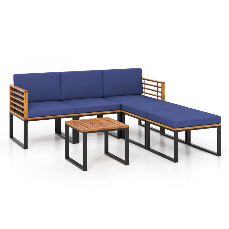 6 Piece Patio Acacia Wood Conversation Sofa Set with Ottomans and Coffee Table - Image 4