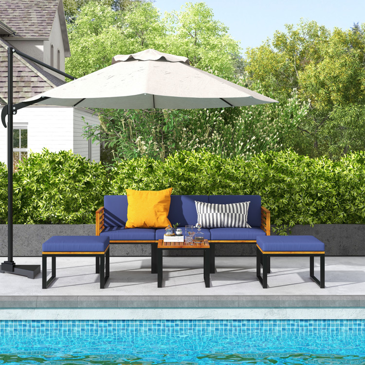 6 Piece Patio Acacia Wood Conversation Sofa Set with Ottomans and Coffee Table - Image 7