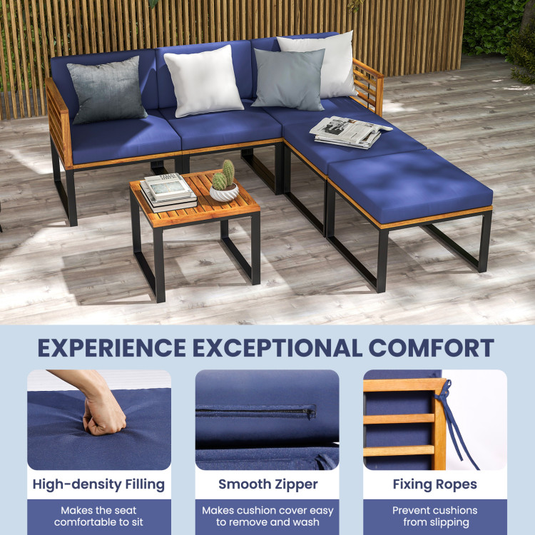 6 Piece Patio Acacia Wood Conversation Sofa Set with Ottomans and Coffee Table - Image 8