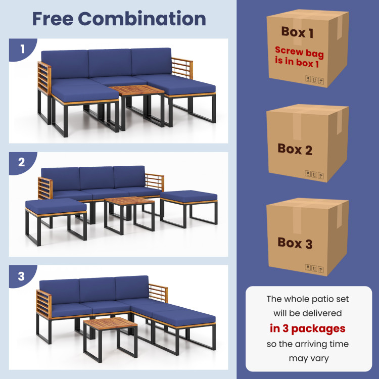 6 Piece Patio Acacia Wood Conversation Sofa Set with Ottomans and Coffee Table - Image 10