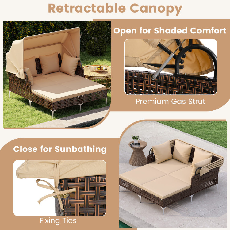 Outdoor Daybed with Retractable Canopy PE Wicker Rattan Patio Lounger - Image 7