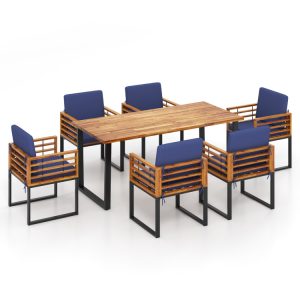 7 Pieces Patio Acacia Wood Dining Chair and Table Set for Backyard and Poolside