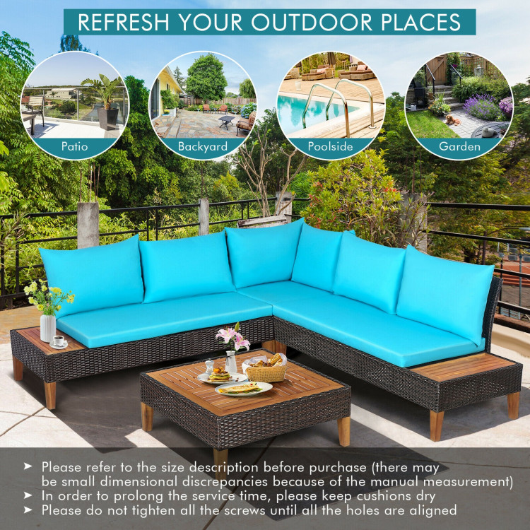 4 Pieces Patio Cushioned Rattan Furniture Set with Wooden Side Table - Image 3