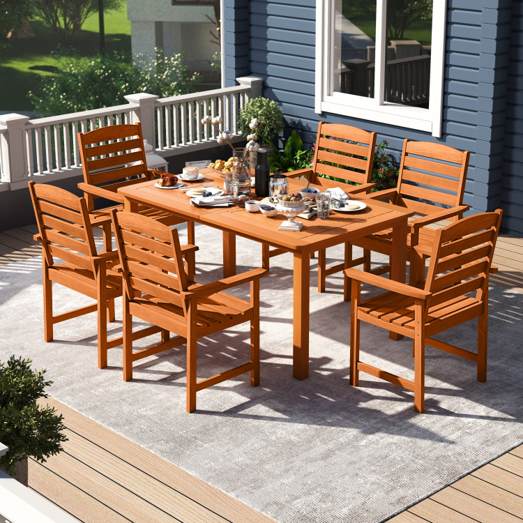 7 Pcs Outdoor Dining Set Teak Oil Finish Slatted Rectangular Dining Table and 6 Armchairs - Image 3