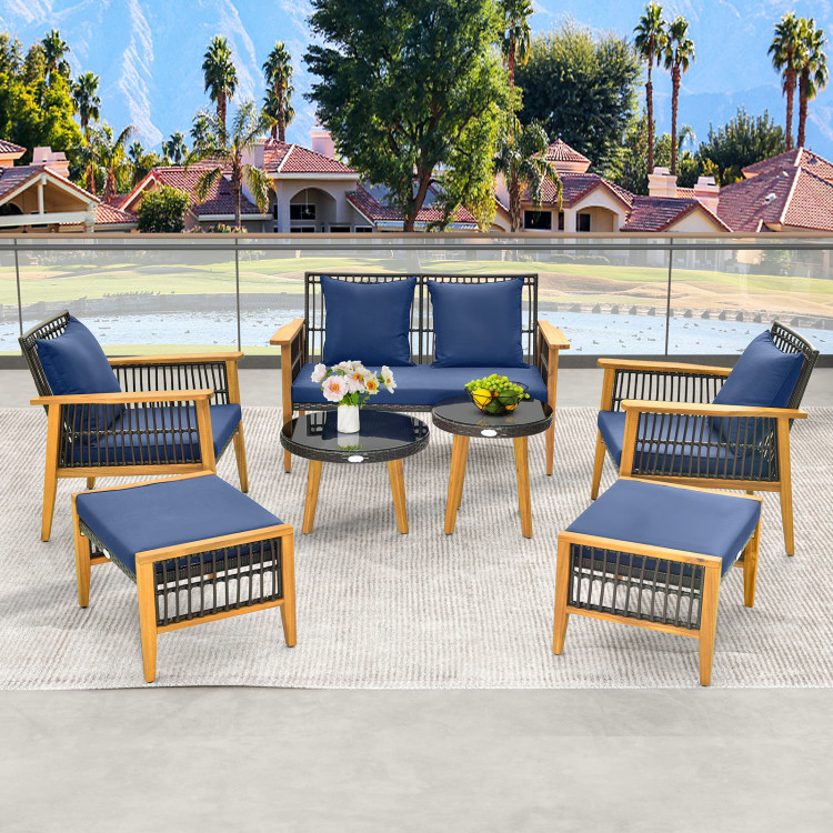 7 Piece Outdoor Conversation Set with Stable Acacia Wood Frame Cozy Seat & Back Cushions - Image 2