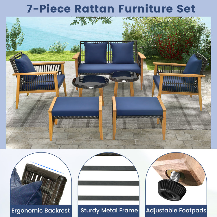 7 Piece Outdoor Conversation Set with Stable Acacia Wood Frame Cozy Seat & Back Cushions - Image 10