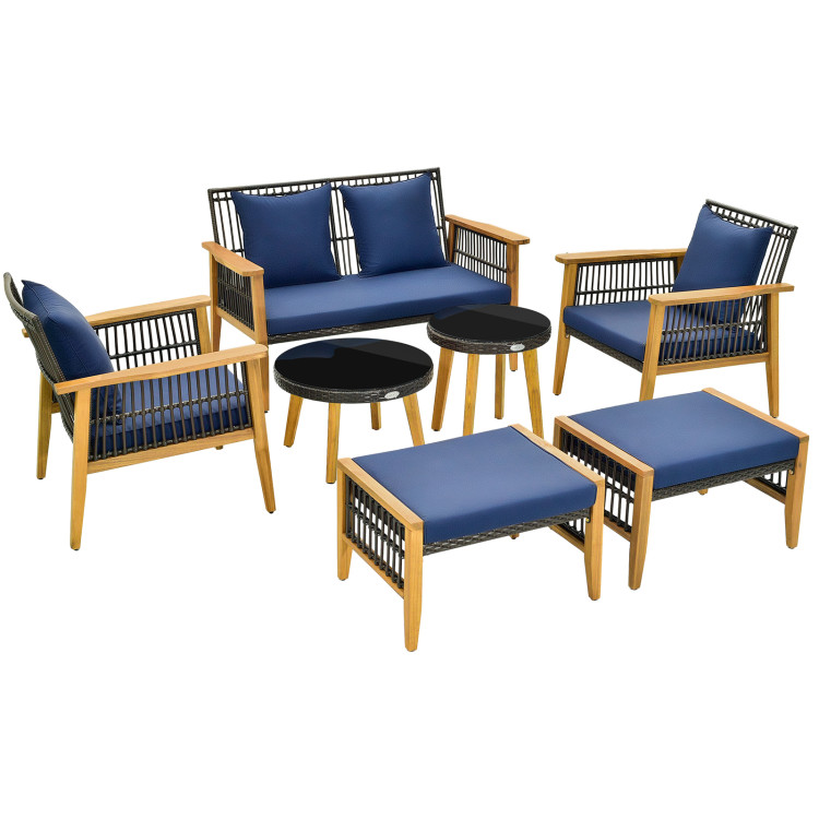7 Piece Outdoor Conversation Set with Stable Acacia Wood Frame Cozy Seat & Back Cushions