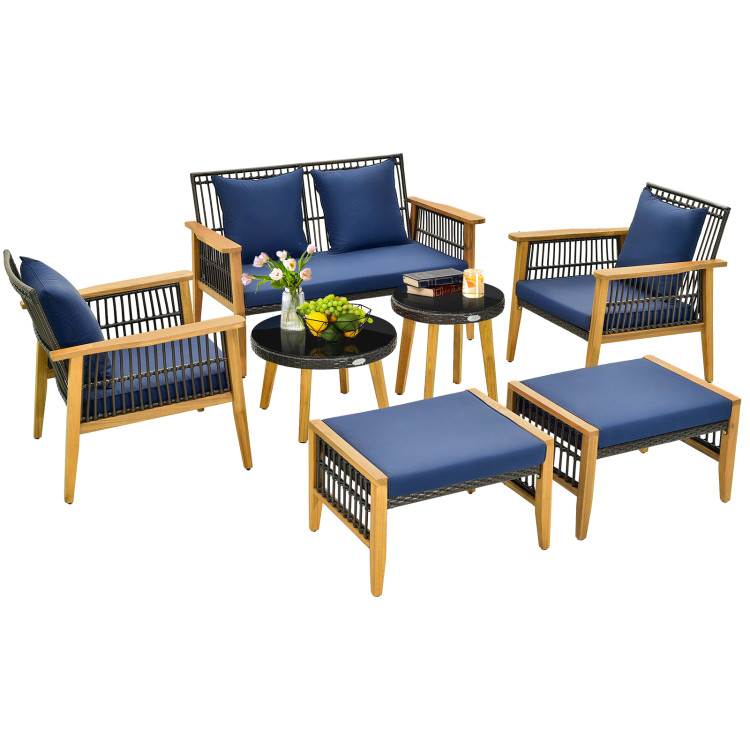7 Piece Outdoor Conversation Set with Stable Acacia Wood Frame Cozy Seat & Back Cushions - Image 4